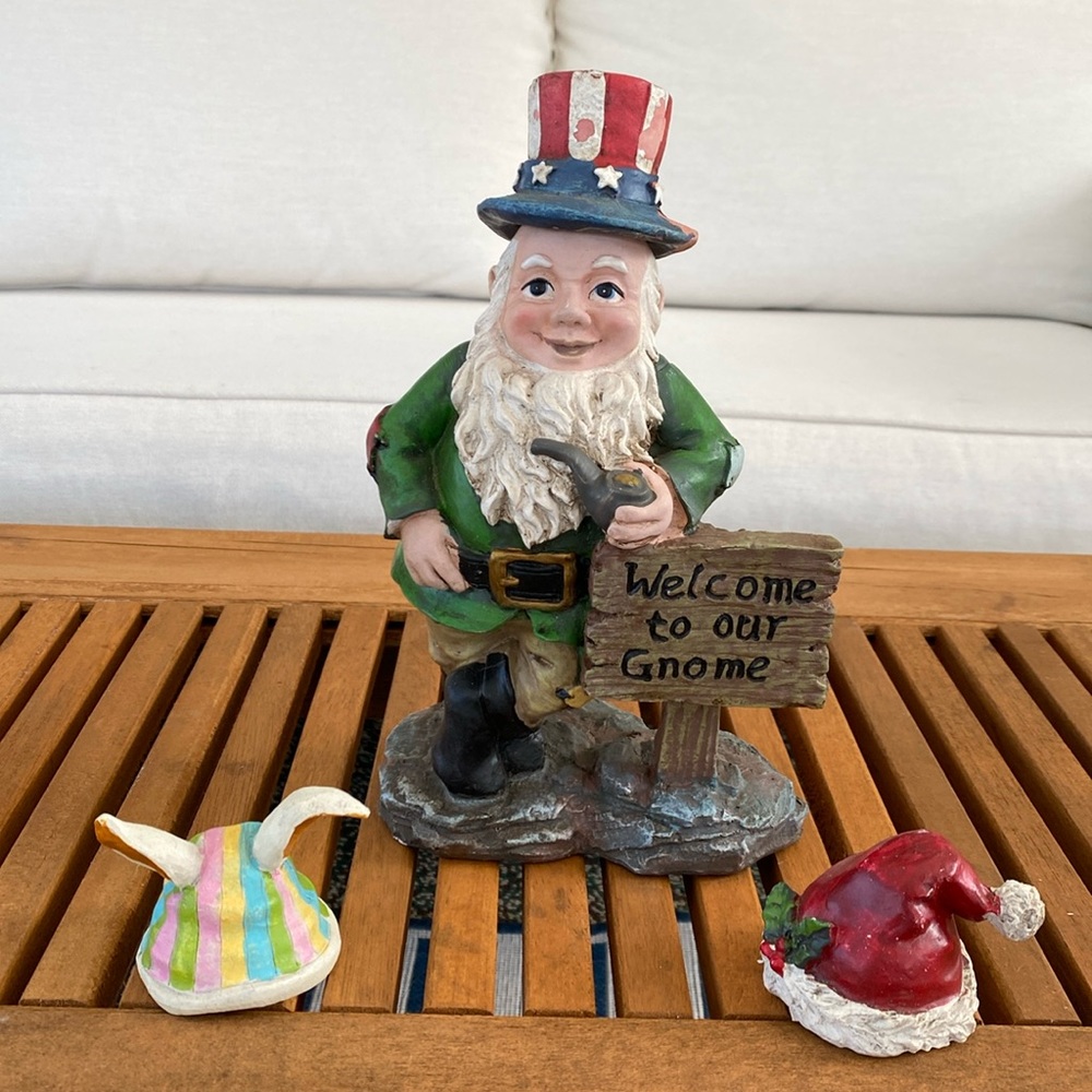 Vintage “Welcome to our Gnome” Statue - Gnome Figure - 3 Holiday Hats